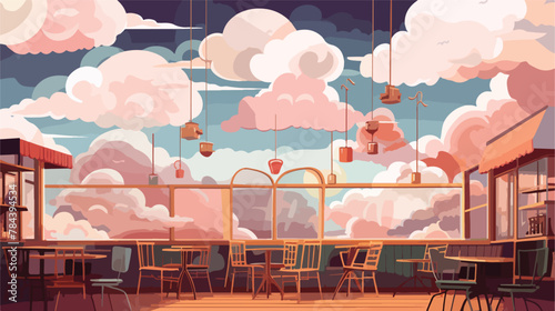 Cozy caf with tables floating on clouds 2d flat cartoon photo