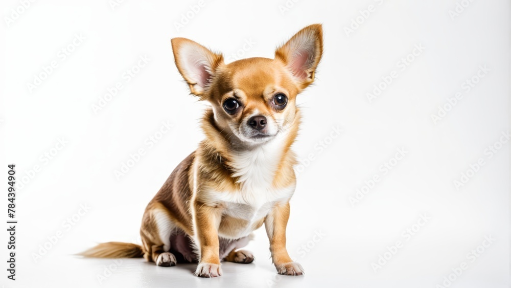 A small, brown-and-white dog sits atop a white floor, gazing sadly at the camera A small, brown-and-white dog sits atop a white floor, gazing sadly at the camera