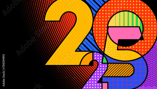 Happy New Year 2025 design with abstract typography number and colorful background.