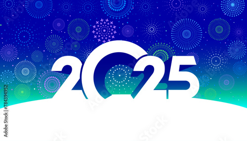 Happy New Year 2025 design with typography number on fireworks background. © Manovector