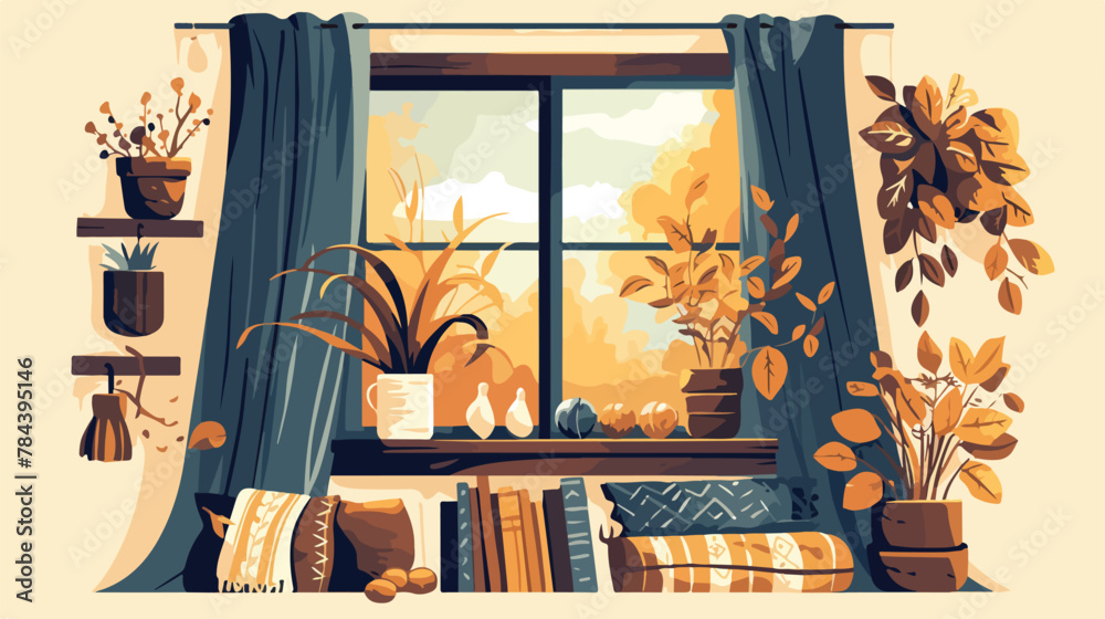 Cozy Fall Window Clipart 2d flat cartoon vactor illustration