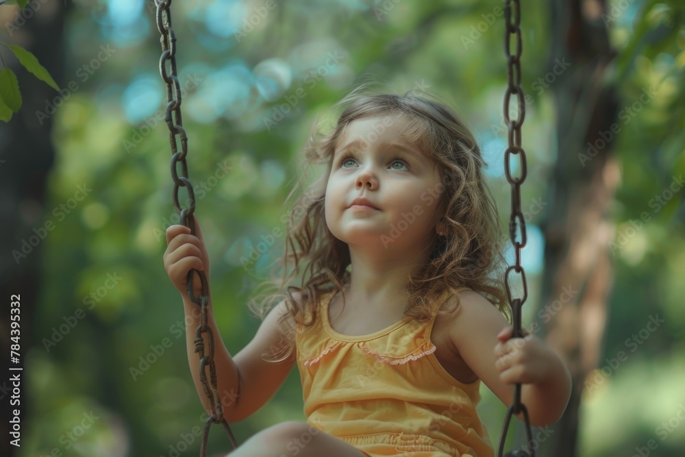 A little girl sitting on a swing in the woods. Perfect for nature and childhood concepts A little girl sitting on a swing in the woods. Perfect for nature and childhood concepts