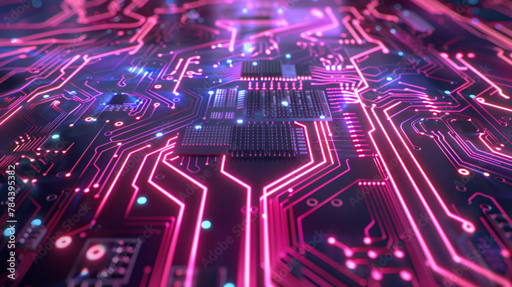 Abstract PCB with microchip and glowing tracks. Abstract PCB with microchip and glowing tracks.