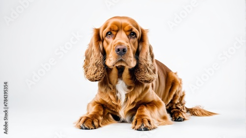   A sad-looking dog in close-up, positioned against a pristine white backdrop © Viktor