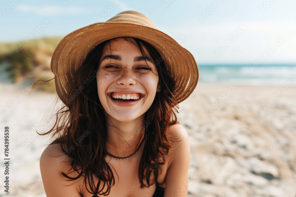 Cheerful young woman in straw hat smiling on beach, ideal for travel and summer themes.