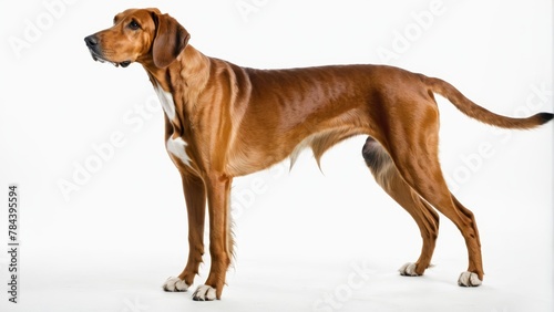   A large brown dog positioned against a white backdrop, featuring a distinctive white marking on its face