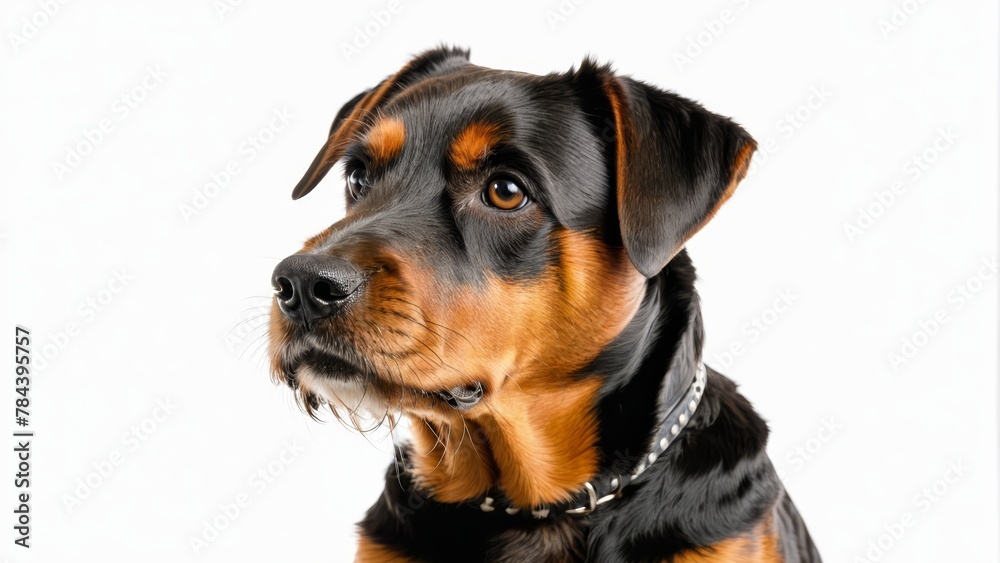   A tight shot of a black and brown dog with a collar and chain around its neck against a pristine white backdrop