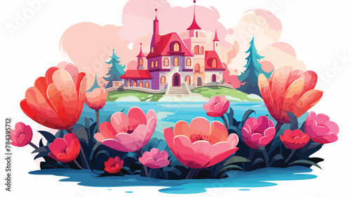 Cozy village nestled within the petals of giant flo
