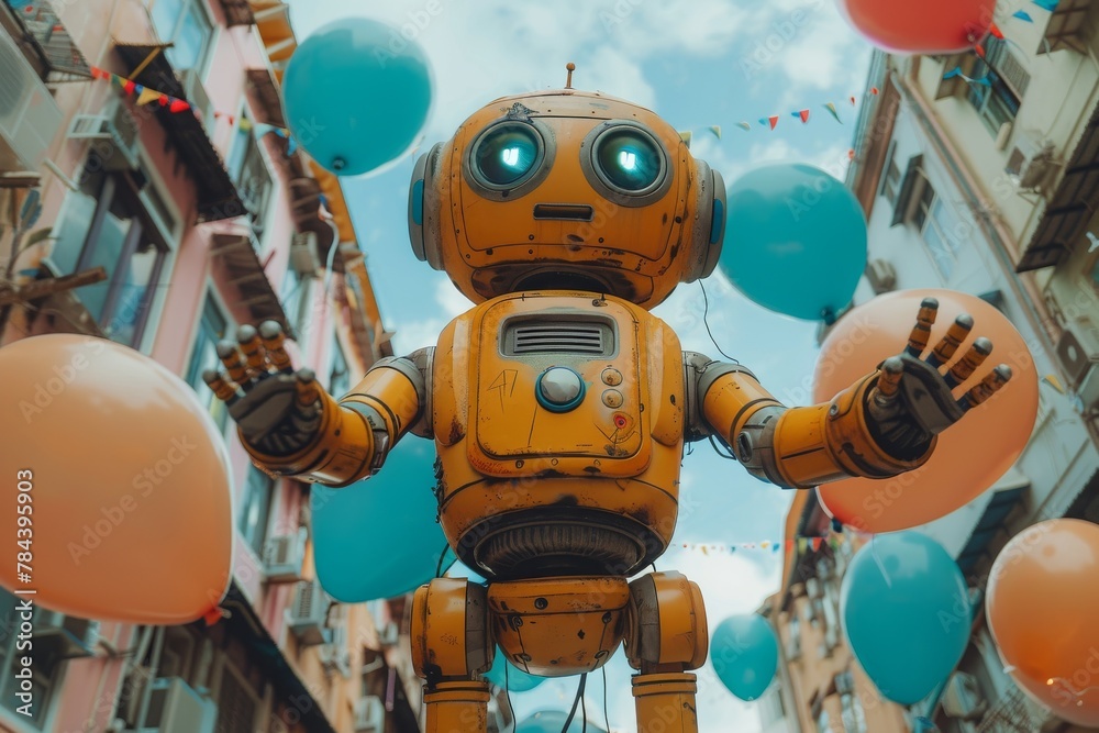 A whimsical image of a yellow robot surrounded by colorful balloons, capturing a sense of celebration and joy A whimsical image of a yellow robot surrounded by colorful balloons, capturing a sense of celebration and joy