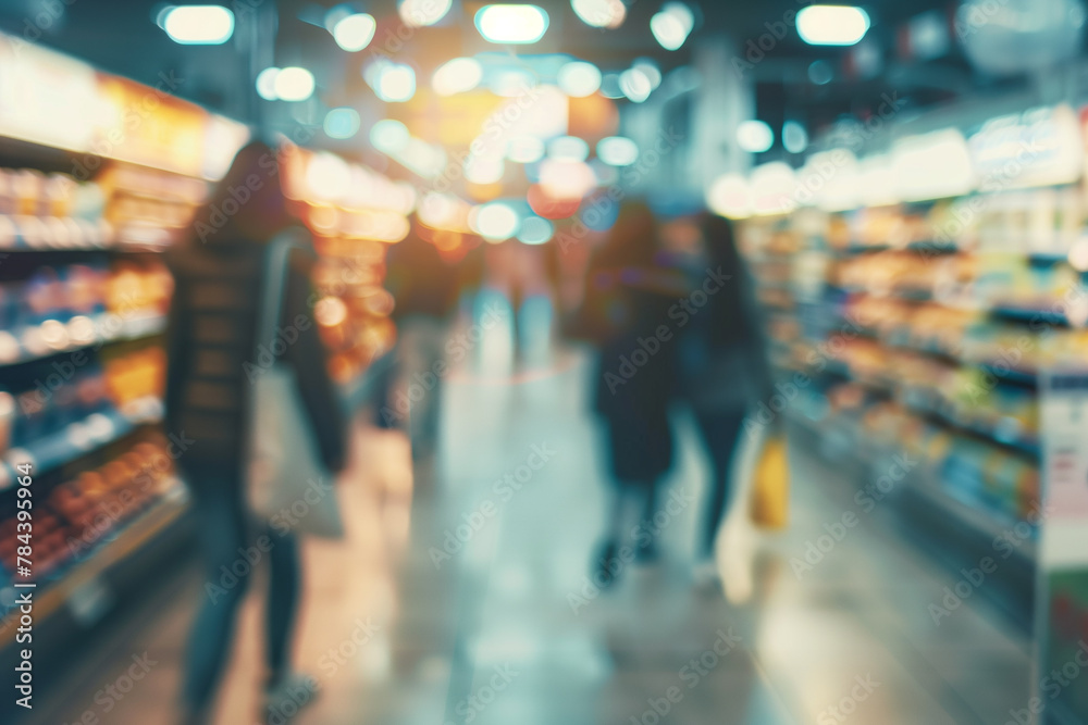 Blurred image of customers in a supermarket, suitable for background use.