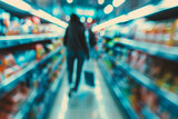 Blurred shoppers with carts in a supermarket aisle, suitable for background use.
