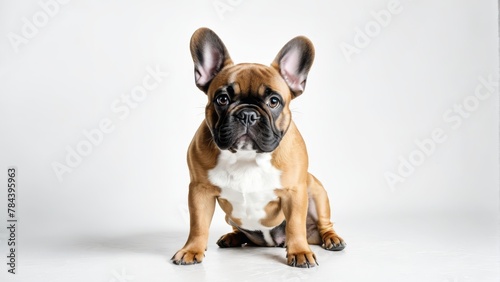  A small, brown-and-white dog sits atop a white floor, gazing sadly at the camera