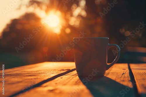 Close-up of a coffee cup on wooden table at sunrise, ideal for morning themes.