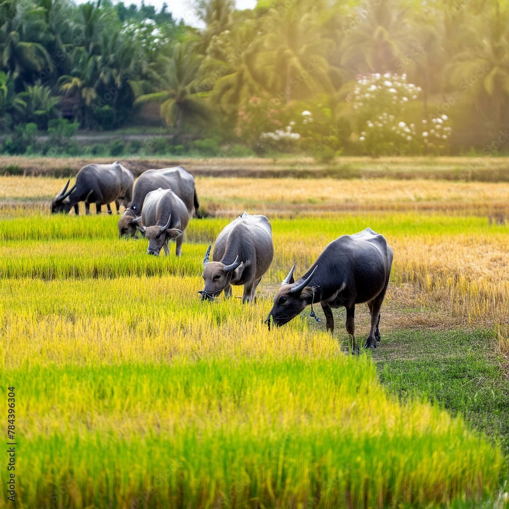 herd of buffalo in rice field
