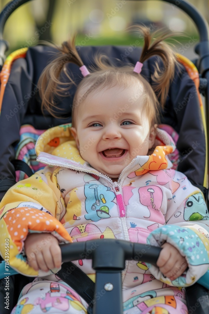 Obraz premium A happy little girl sitting in a stroller. Perfect for family and parenting concepts