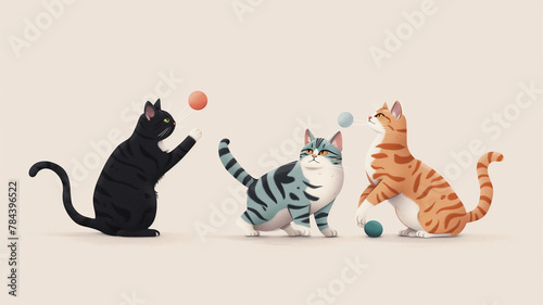 Trio of playful cats with various coat patterns, interacting with minimalistic toys, dynamic composition