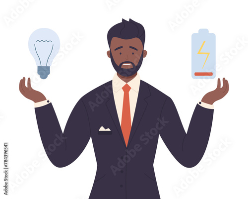 Businessman with no ideas holding dark light bulb and low battery in hands vector illustration