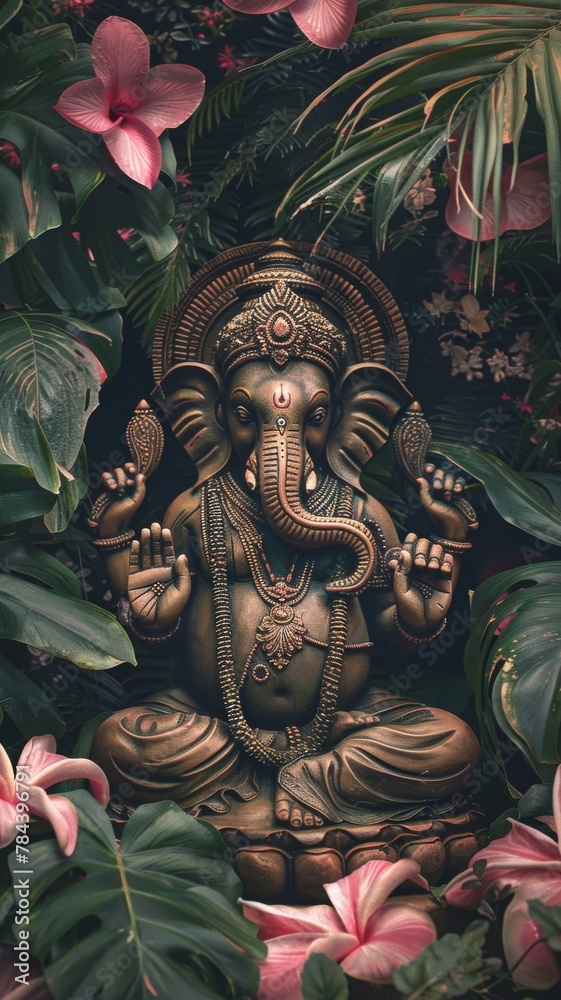 Ganesha deity amidst green flora, peaceful vibe