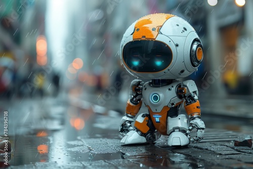 A solitary robot with an orange helmet sits alone on a wet urban street with rain gently falling around it