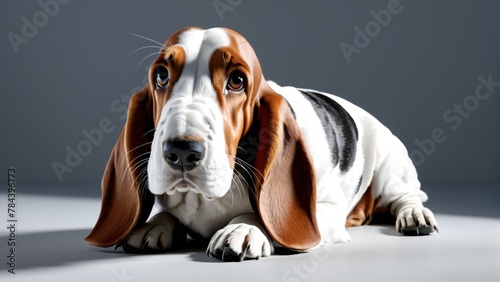  A brown-and-white dog lies on a white floor Nearby, a black-and-white dog is positioned against a gray background