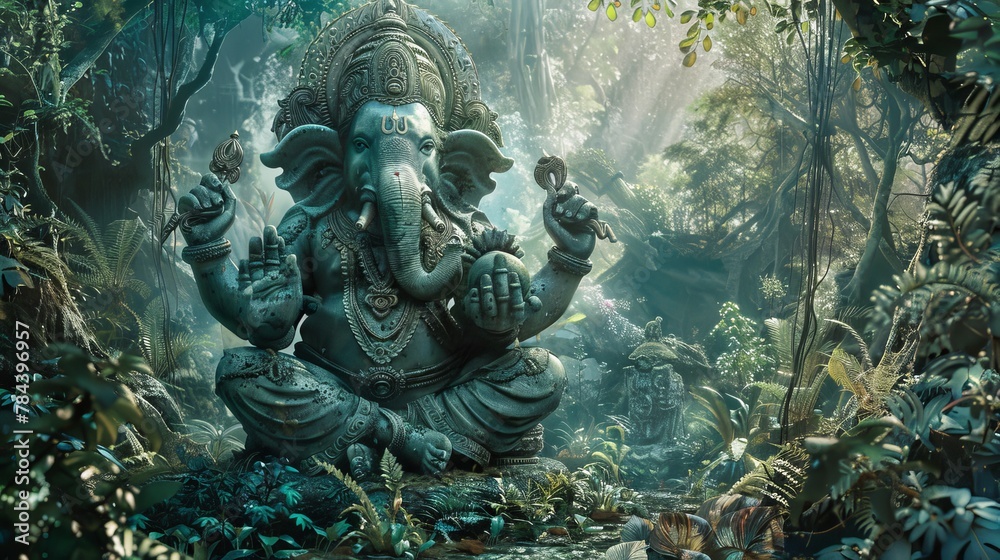 Ganesha idol in an enchanted forest setting