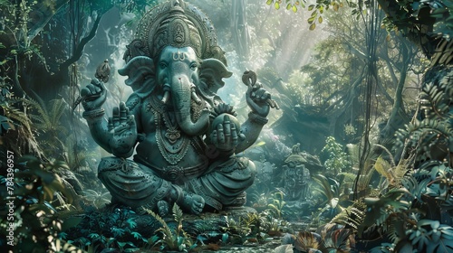 Ganesha idol in an enchanted forest setting photo