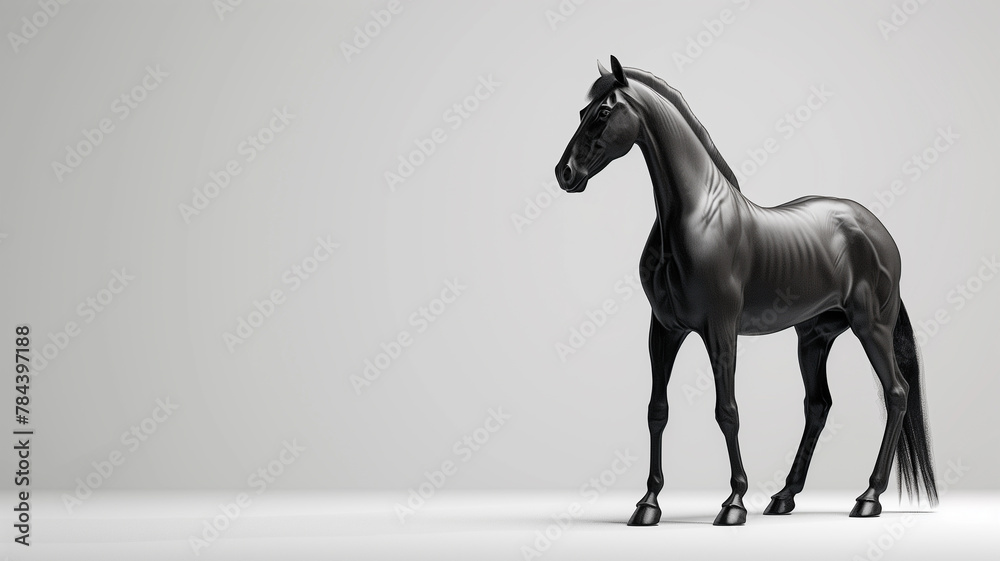 A beautiful black horse stands on a white background. - obrazy, fototapety, plakaty 