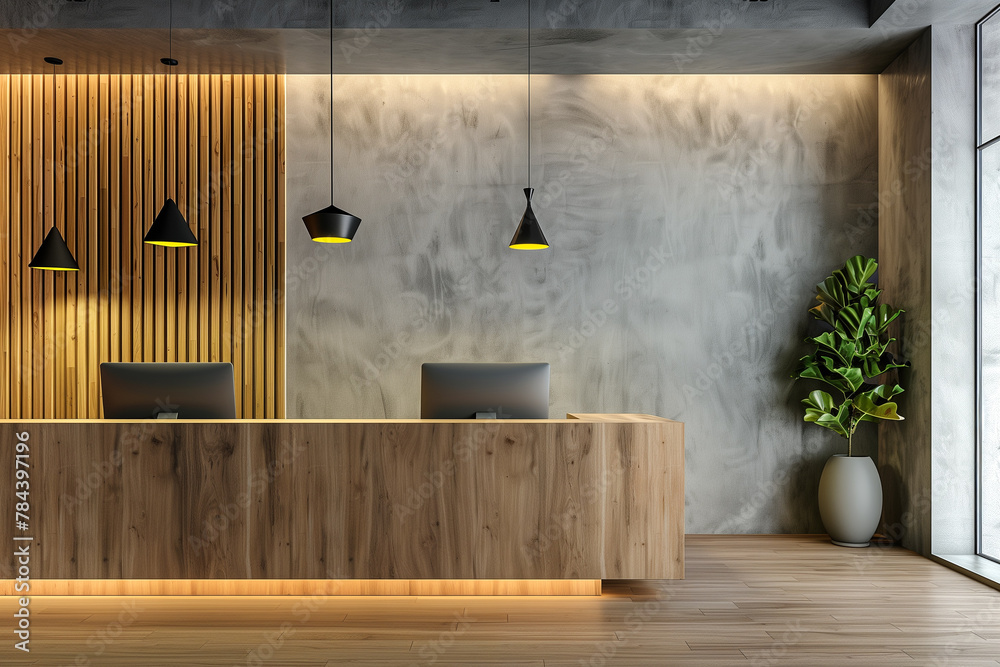 Modern office reception area with sleek wood desk and chic decor, ideal ...