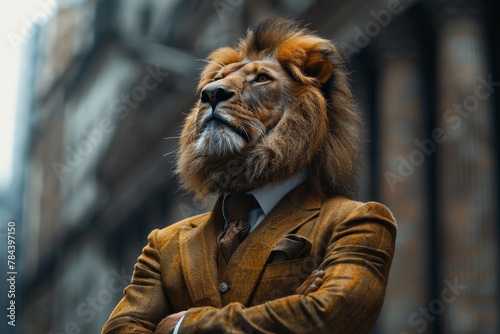 A surreal image blending a lion s head with a human body in a classy mustard-colored suit  portraying a mix of the wild and refined