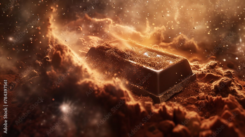 A chocolate bar floating in space with stardust - obrazy, fototapety, plakaty 
