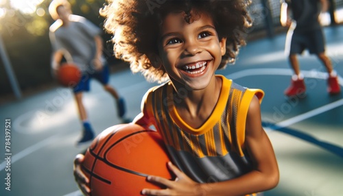 joyful child with a radiant smile and curly hair is playing basketball in an outdoor court.
