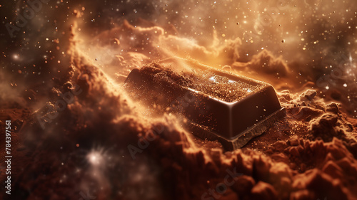 A chocolate bar floating in space with stardust