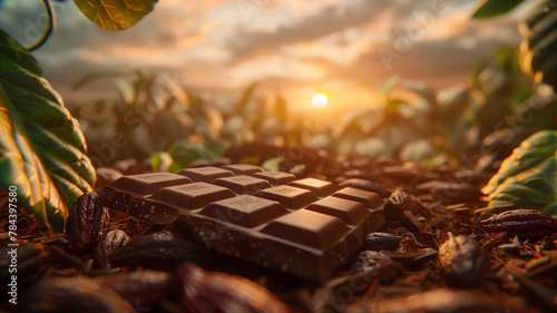 A chocolate bar in a cacao field photo