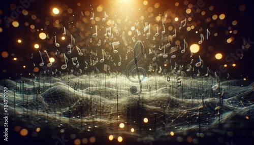 artistic and atmospheric image depicting numerous 3D wireframe musical notes floating in a vast, dark space.
