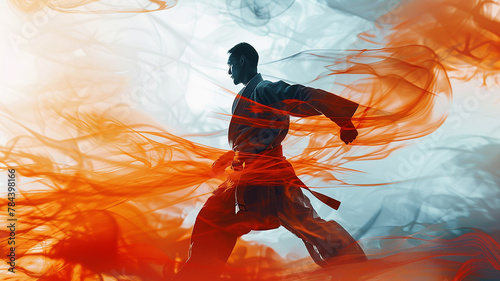 A man in a karate pose surrounded by red and blue smoke