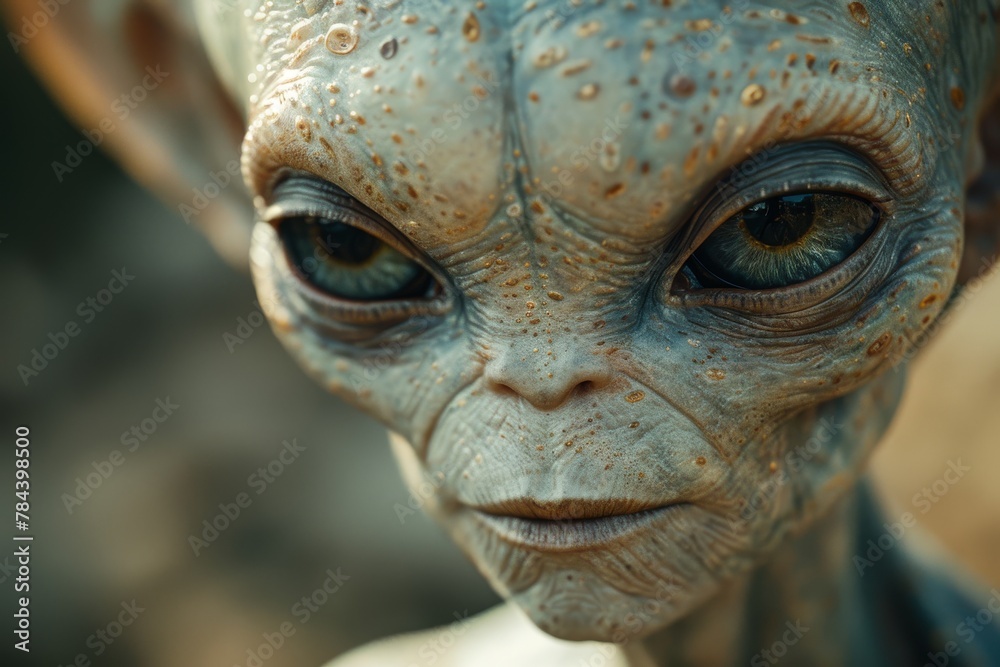 This detailed statue captures an alien with a smooth, intricate head design against a blurred background This detailed statue captures an alien with a smooth, intricate head design against a blurred background