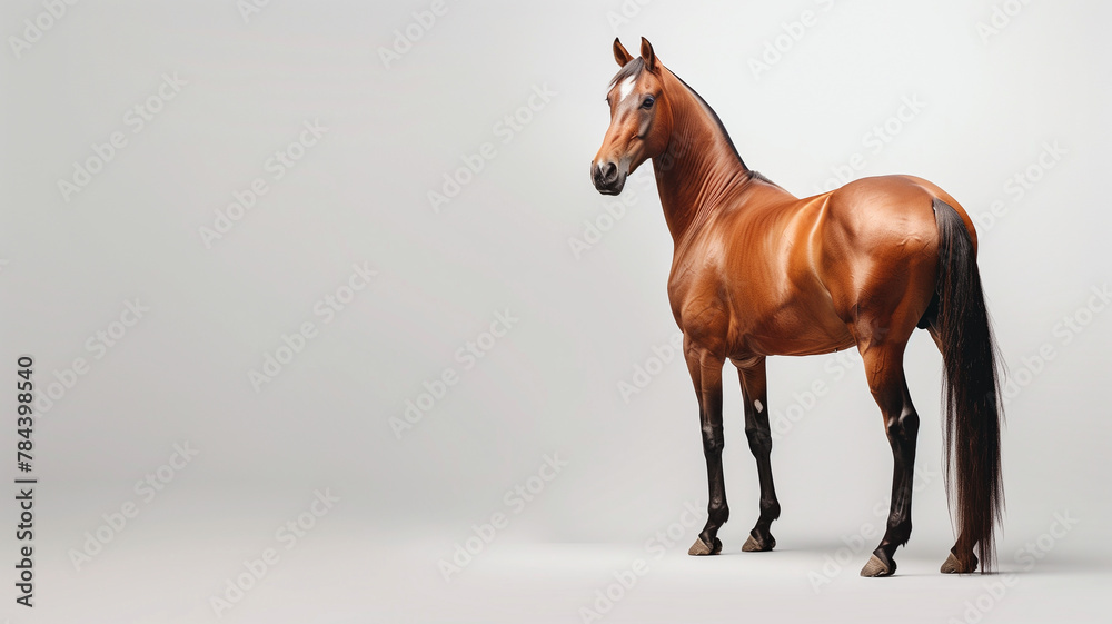 A studio shot of a beautiful brown horse on a white background