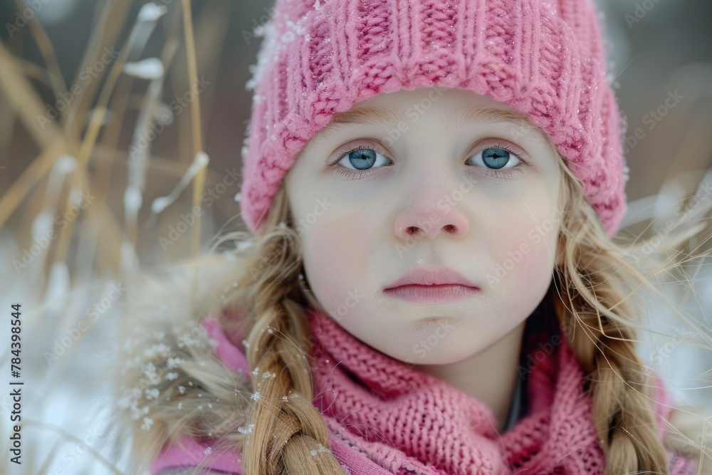 A little girl wearing a pink hat and scarf, suitable for winter fashion concept A little girl wearing a pink hat and scarf, suitable for winter fashion concept