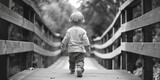 A little boy walking across a wooden bridge. Suitable for outdoor and nature concepts