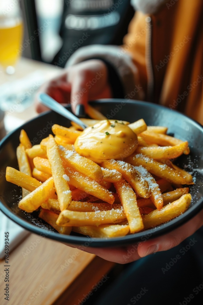 A person holding a plate of delicious french fries, perfect for food and restaurant concepts A person holding a plate of delicious french fries, perfect for food and restaurant concepts