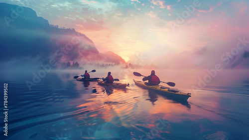 Three people kayaking on a lake at sunset. photo