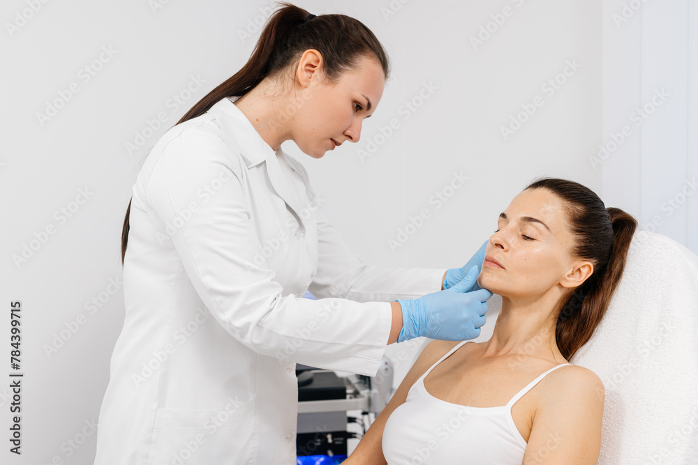 Fototapeta premium Consultation with a cosmetologist or dermatologist. Before the procedures, the woman is examined by a cosmetologist and receives recommendations on facial cleansing, lifting or injections.