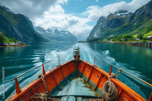 Capturing a fisherman's unique point of view from the bow of a bright orange boat as it heads towards a majestic mountainous fjord photo