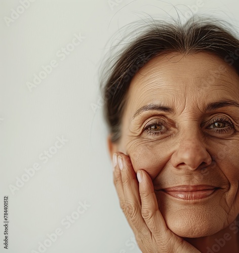 Serene Senior Woman Smiling Gently Against a Light Backdrop photo