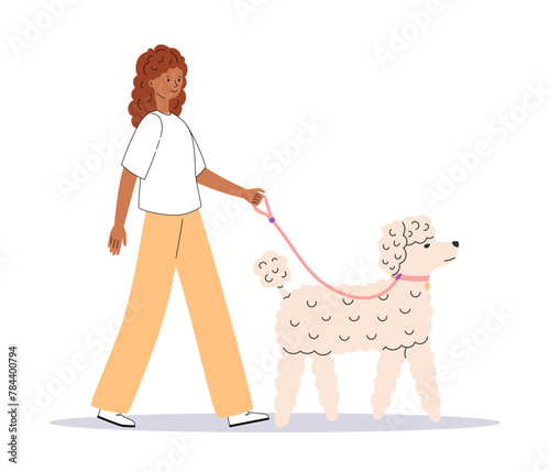 Young woman walking with cute dog. Happy pet owner with poodle. Dog trainer or dog walker. Side view. Flat Vector illustration isolated on white background