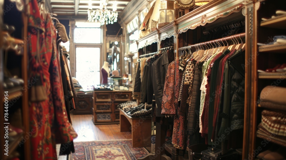 High-end thrift shop in a major city, luxury vintage clothing and designer accessories, elegant layout, --ar 16:9