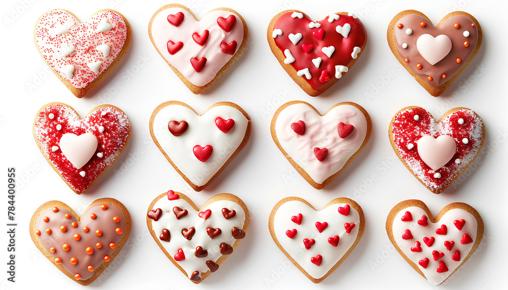 Set of delicious heart-shaped cookies for Valentine's Day on white background Set of delicious heart-shaped cookies for Valentine's Day on white background