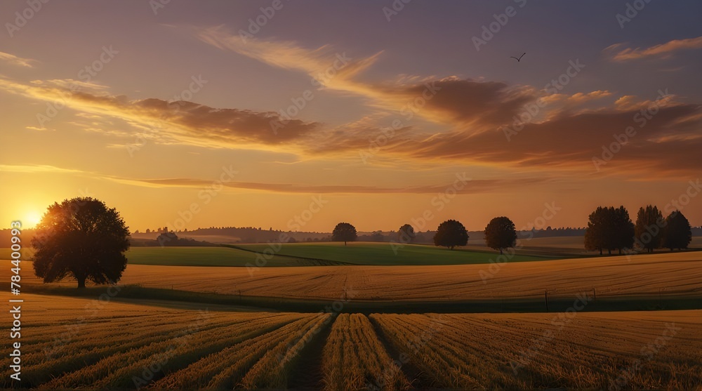 Vector Autumn panorama landscape farm field with orange sky, Beautiful sunset in Autumn.generative.ai