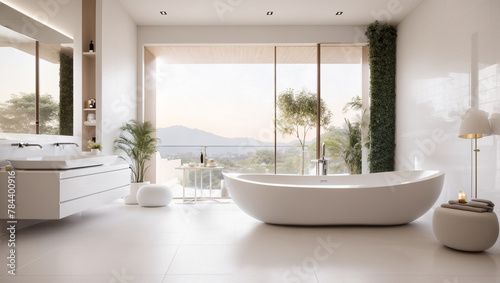 A bathroom with a bathtub  plants  and a mirror.  