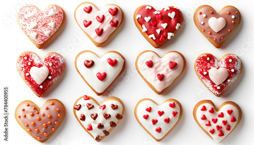 Set of delicious heart-shaped cookies for Valentine s Day on white background